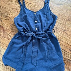 SHEIN Navy Blue Button-Front Tie-Waist Romper